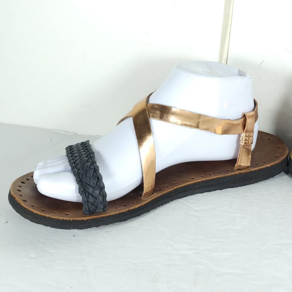 UGG Women's Jordyne US9 Leather Metallic Rose Copper Black Braided Sandals - Picture 7 of 16
